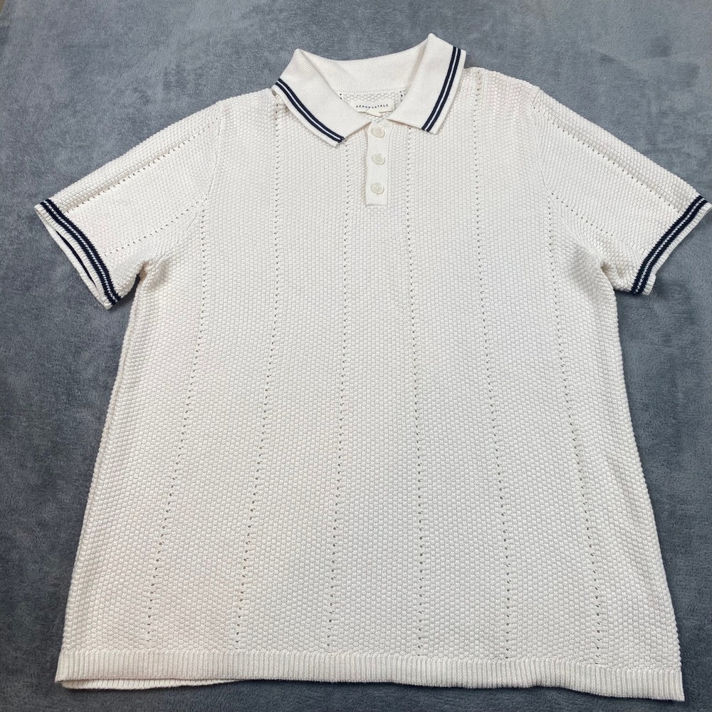 Men XL Golf Polo Shirt White Navy Pointelle Knit Short Sleeve Grandpa Old Money